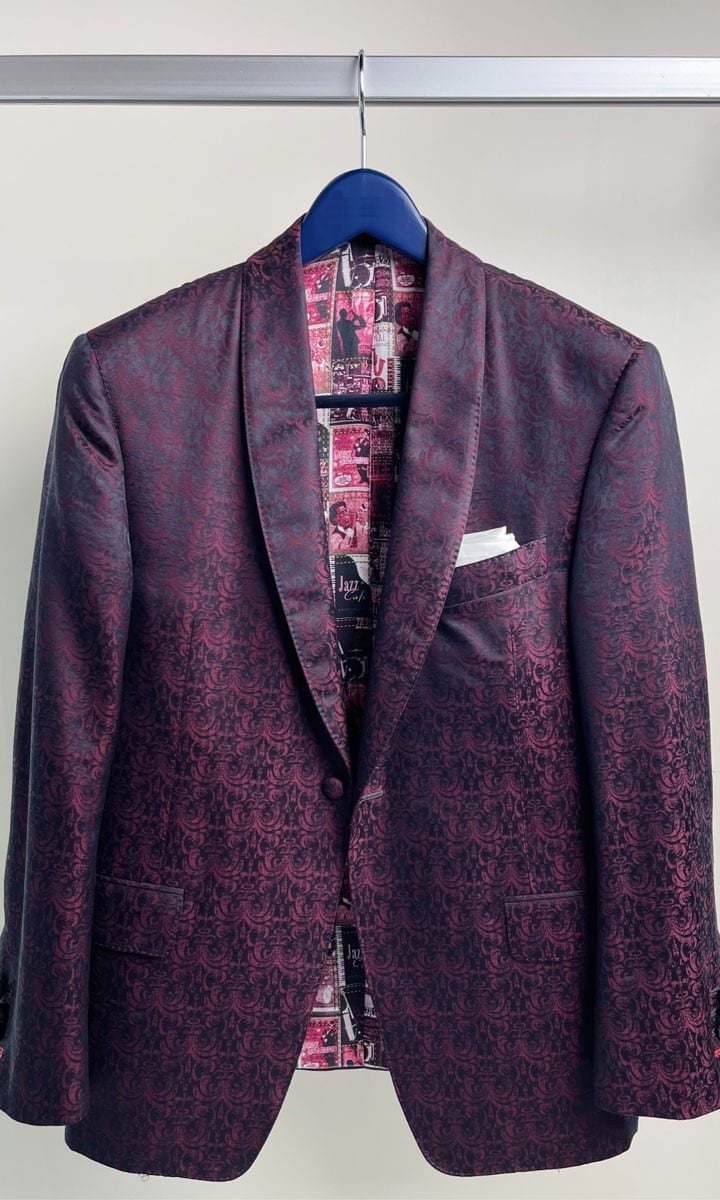 Burgundy paisley jacquard jacket, pink print lining
