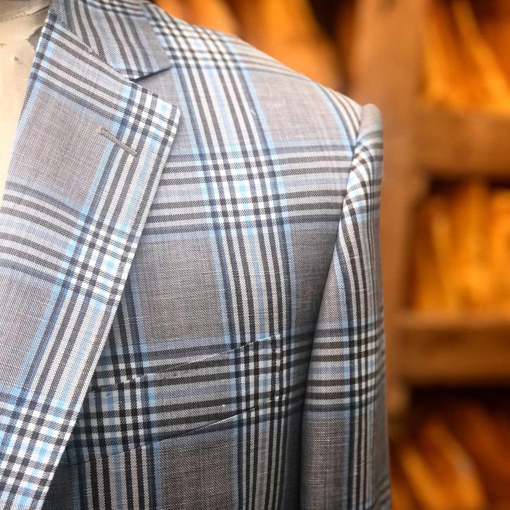 Light grey plaid with navy and pale blue checks