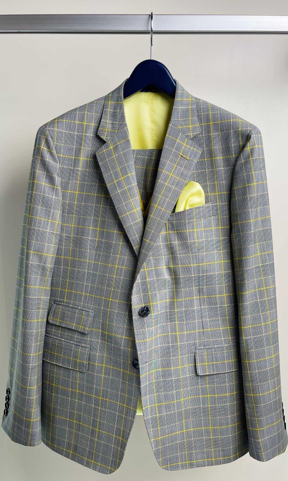 Grey suit with yellow windowpane and lining