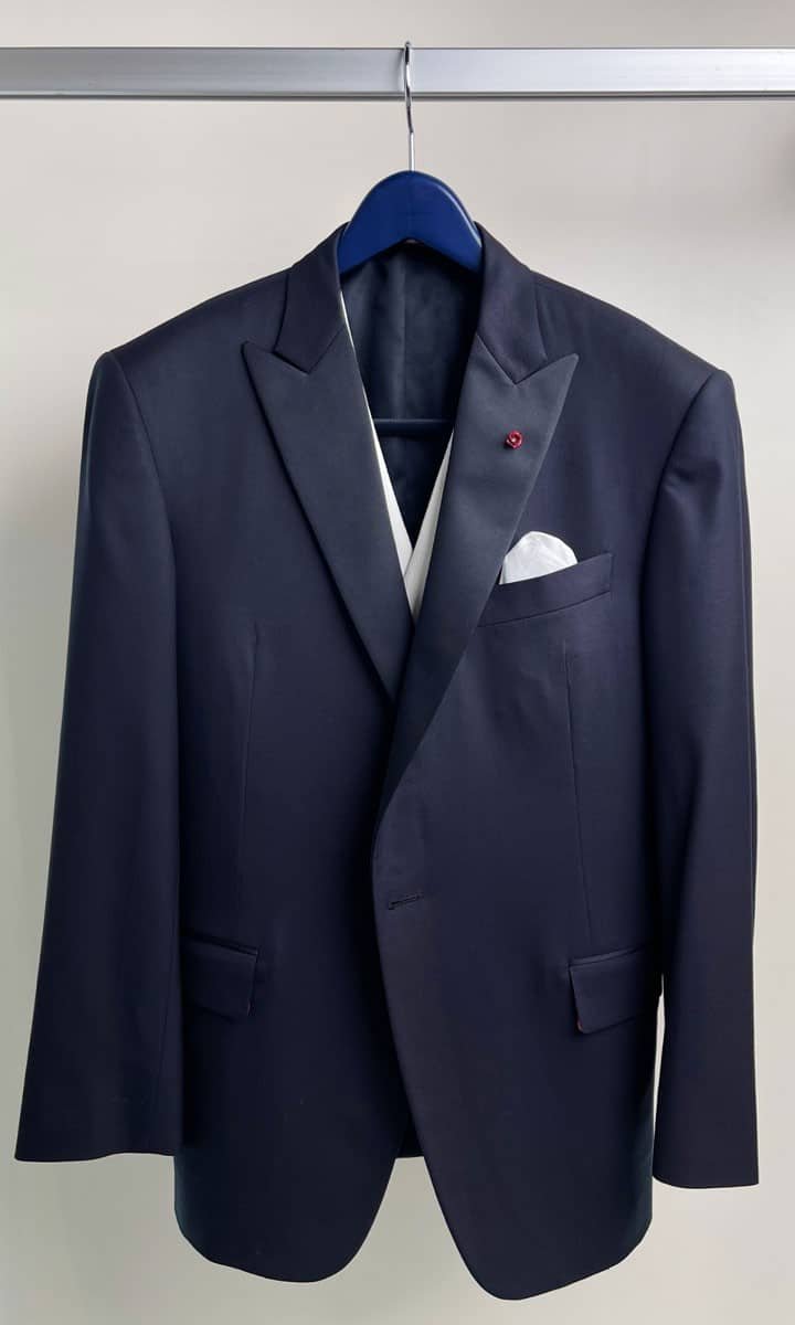 Dark navy peak-lapel tuxedo
