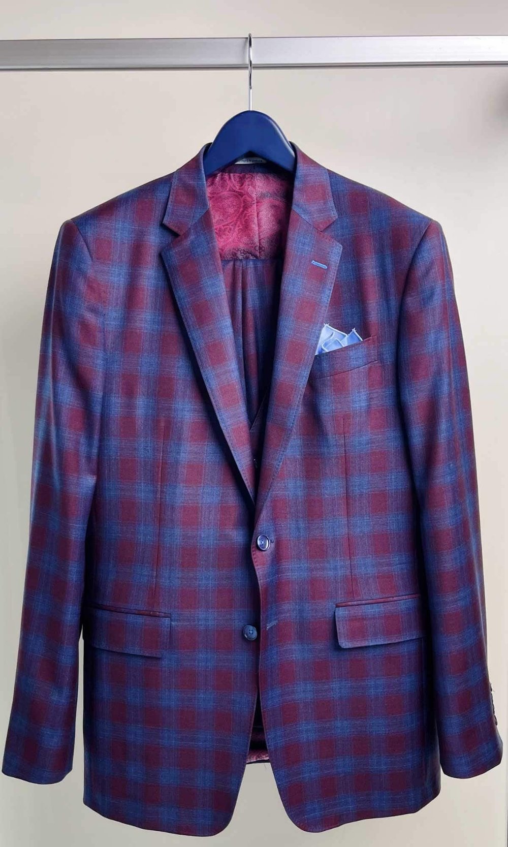 Blue and burgundy check suit, pink lining