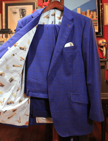 Blue check suit with a cigar print lining